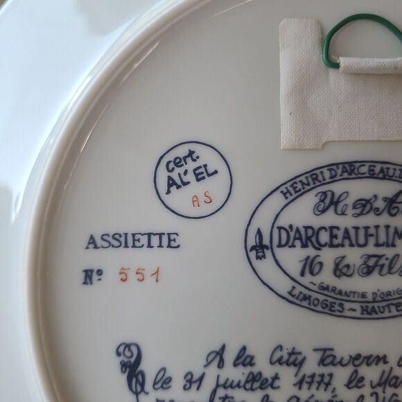 Vintage D'Arceau Limoges Lafayette Legacy Collector Plate 3 City Tavern Meeting - Picture 10 of 10